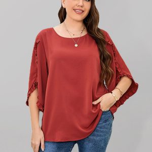 Plus Size Ladies Shirt Red Half Sleeve Loose Top