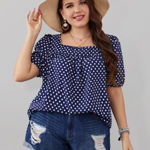 Large size women's chiffon short woven round neck plaid temperament commuter polka dot shirt