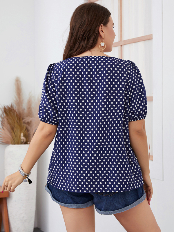 Large size women's chiffon short woven round neck plaid temperament commuter polka dot shirt - Image 2