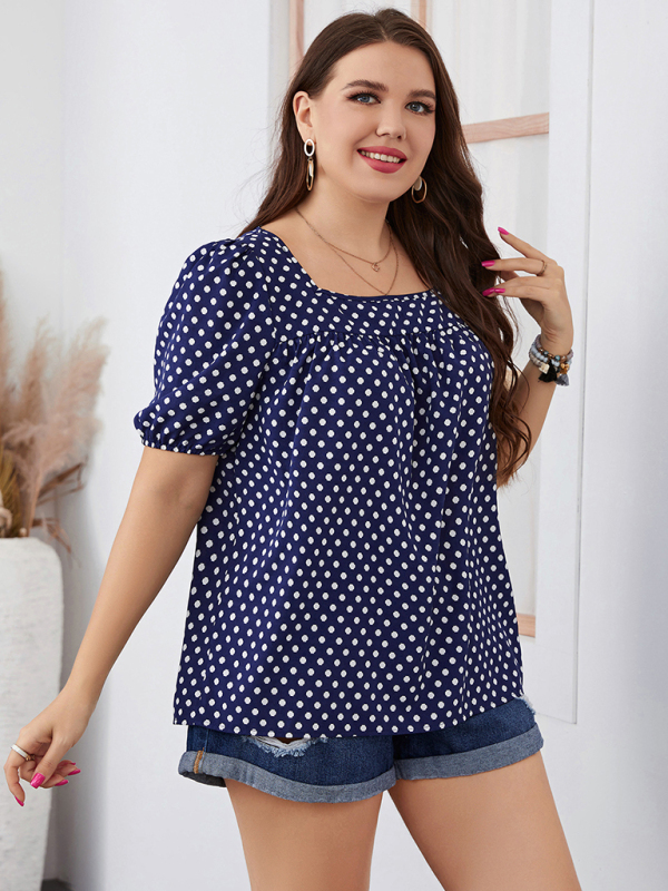Large size women's chiffon short woven round neck plaid temperament commuter polka dot shirt - Image 3