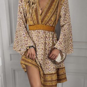 Women's V Neck Long Sleeve Bohemian Long Sleeve Dress