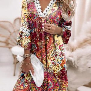 Women's V-neck printed lace paneled bohemian dress