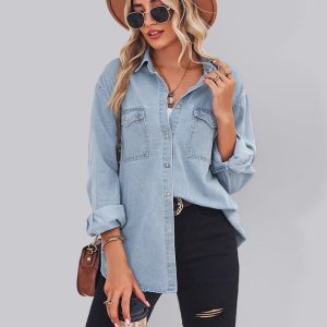 New light-colored thin denim long-sleeved shirt for women