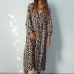 Women's fashion three-dimensional pattern printing mid-waist lapel collar long-sleeved shirt dress