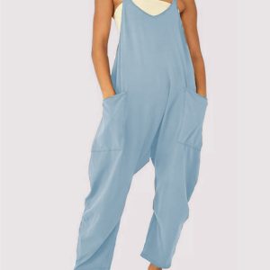 Women's casual solid color V-neck suspender pocket jumpsuit