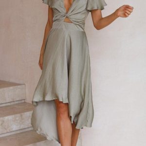 Summer sexy temperament women's short-sleeved V-neck irregular skirt dress