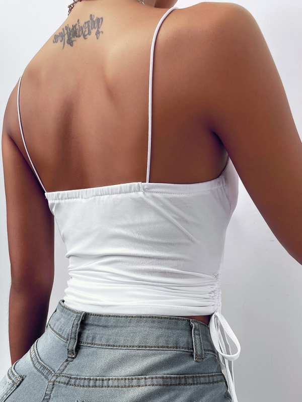 Fashion women's solid color deep V-neck camisole tight drawstring open back small vest - Image 2