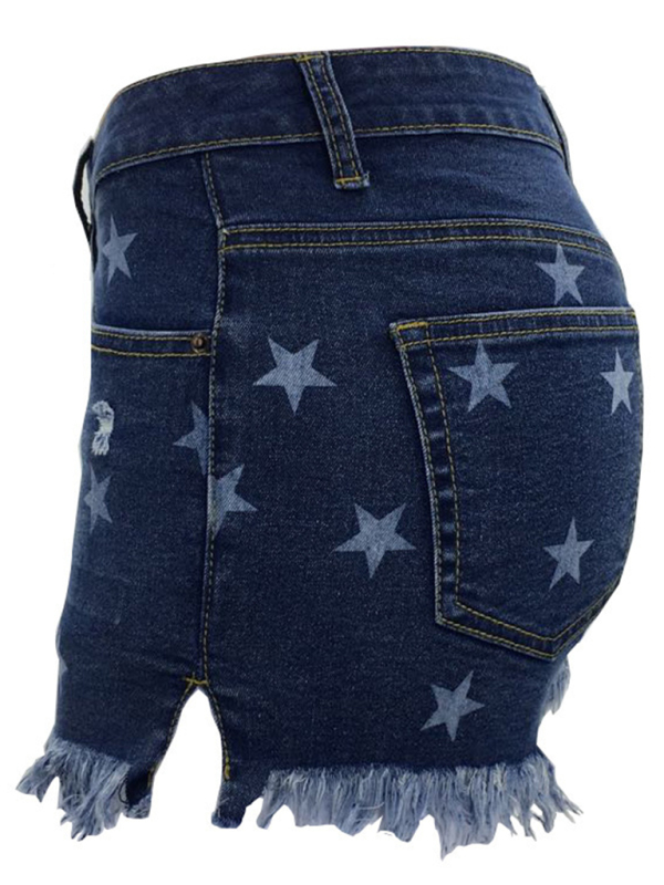 Women's Casual Fringe Pentagram Print High Waist Denim Shorts - Image 7