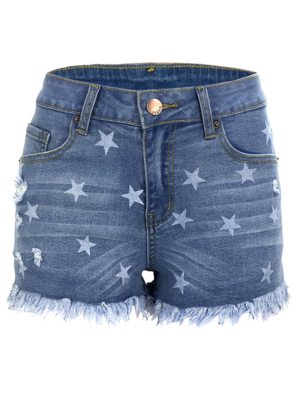 Women's Casual Fringe Pentagram Print High Waist Denim Shorts - Image 2