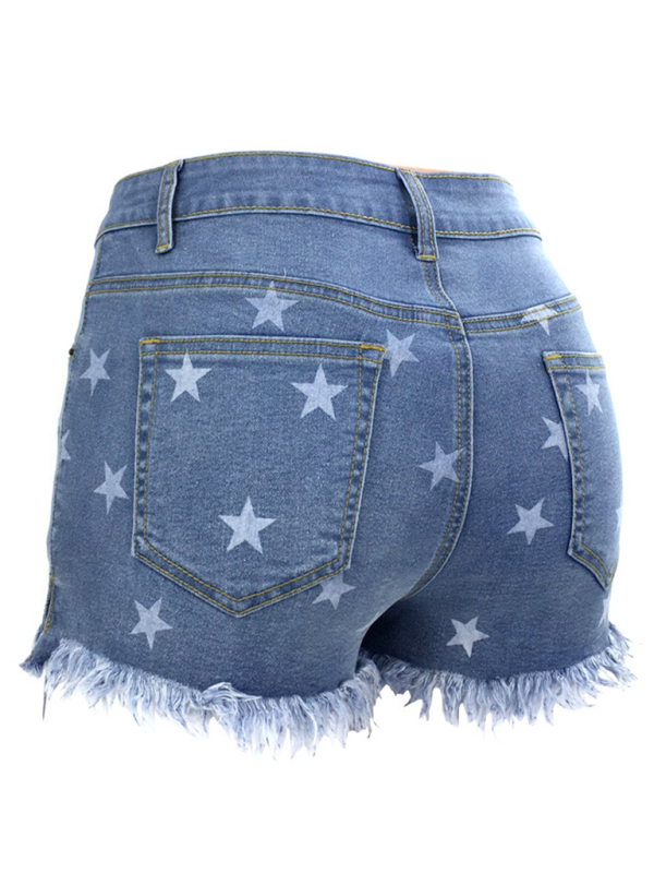 Women's Casual Fringe Pentagram Print High Waist Denim Shorts - Image 4