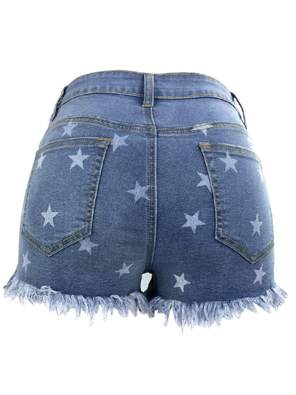 Women's Casual Fringe Pentagram Print High Waist Denim Shorts - Image 5