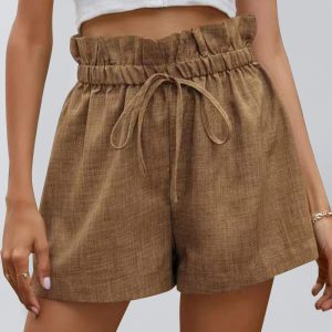 Women's Solid Color High Waist Lace Up Loose Wide Leg Shorts