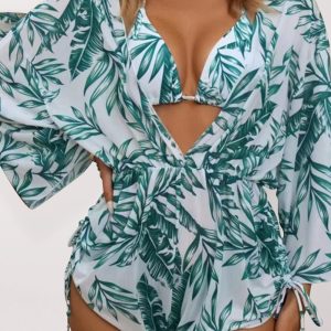Women's Tropical Print Tie High Waist Bikini Three-Piece Set