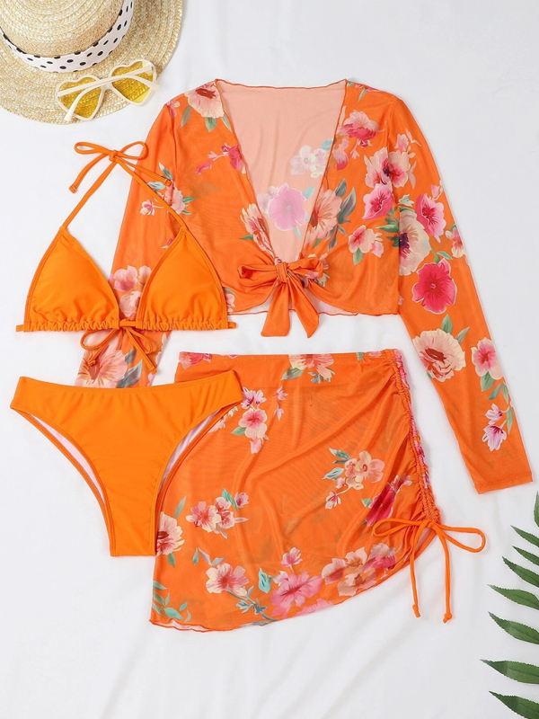Women's Printed Drawstring Long-Sleeve Blouse Bikini Four-Piece Set - Image 12