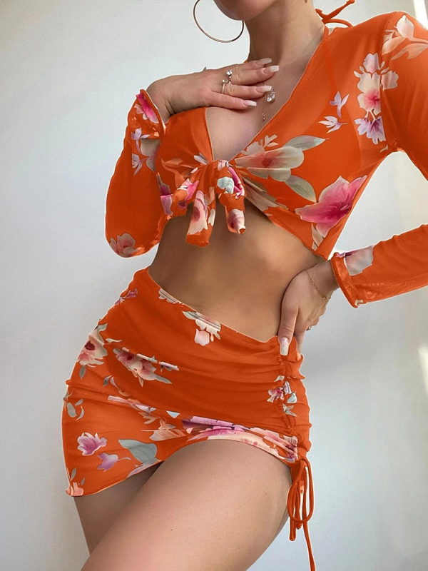 Women's Printed Drawstring Long-Sleeve Blouse Bikini Four-Piece Set - Image 3