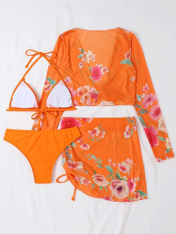 Women's Printed Drawstring Long-Sleeve Blouse Bikini Four-Piece Set - Image 13