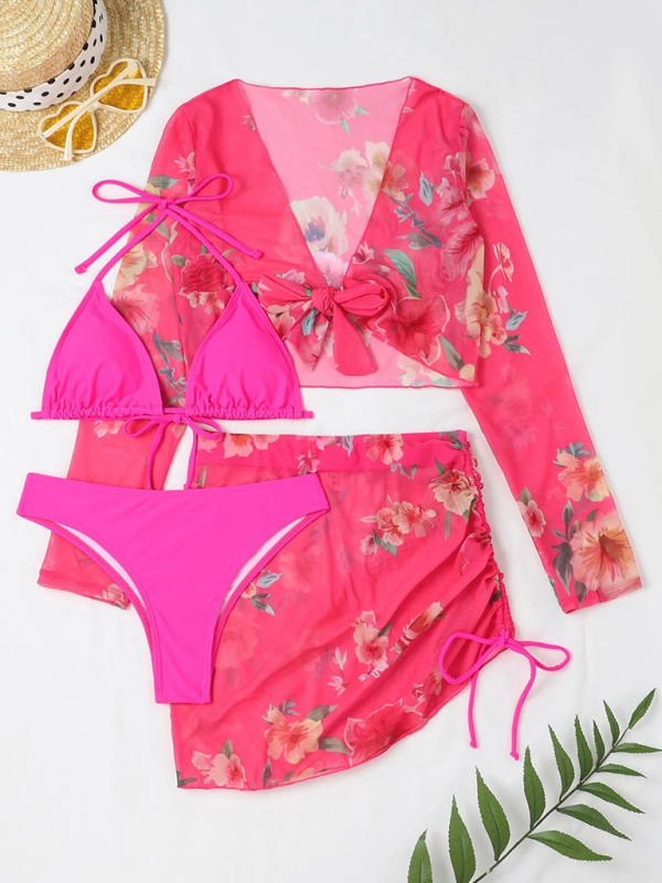 Women's Printed Drawstring Long-Sleeve Blouse Bikini Four-Piece Set - Image 10