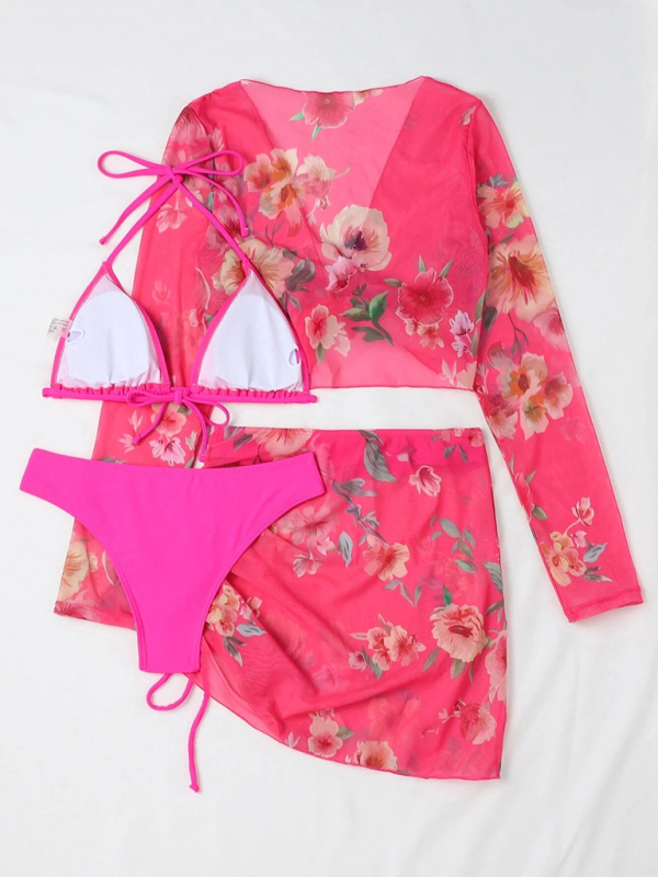Women's Printed Drawstring Long-Sleeve Blouse Bikini Four-Piece Set - Image 9