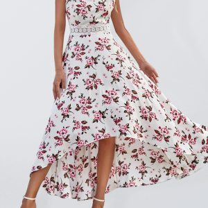 Women's Printed Sleeveless Swing Skirt Lace Waist Dress