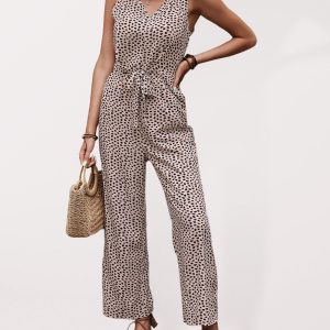 Women's Woven Fashion Casual Leopard Print V-Neck Jumpsuit
