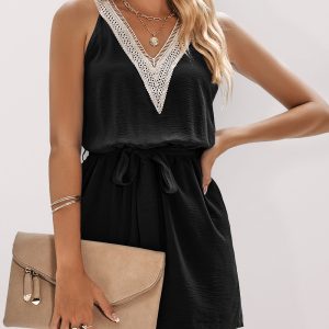 Women's Casual Lace V-Neck Sleeveless Belt Jumpsuit
