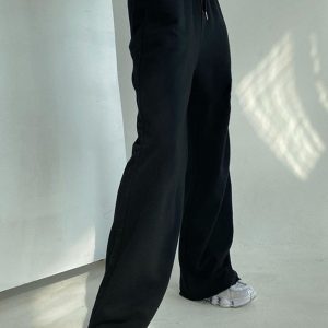 Women's solid color sports style casual loose tie wide leg pants