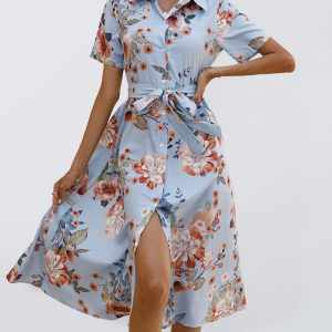 Elegant Floral Lapel Collar Knit Vacation Dress for Women