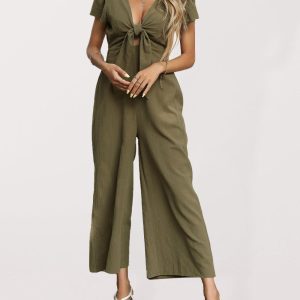 Women's woven V-neck short-sleeved casual straight cropped jumpsuit