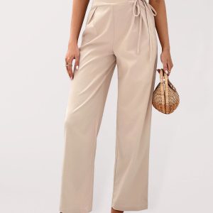 Women's woven high-waisted solid-color commuter-style cropped tie-up straight-leg pants