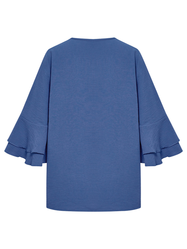 New foreign trade solid color loose V-neck lotus leaf sleeve top women's clothing - Image 7