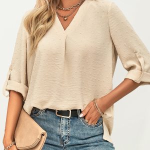 Spring and summer new women's fashion solid color loose V-neck three-quarter sleeve top