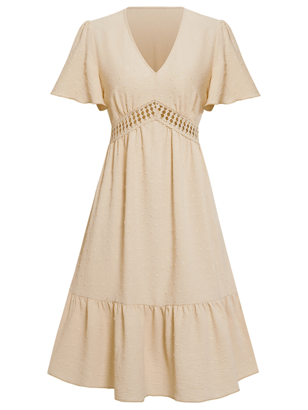 Women's Lace Stitching V-neck Solid Color Ruffle Sleeve Dress - Image 13