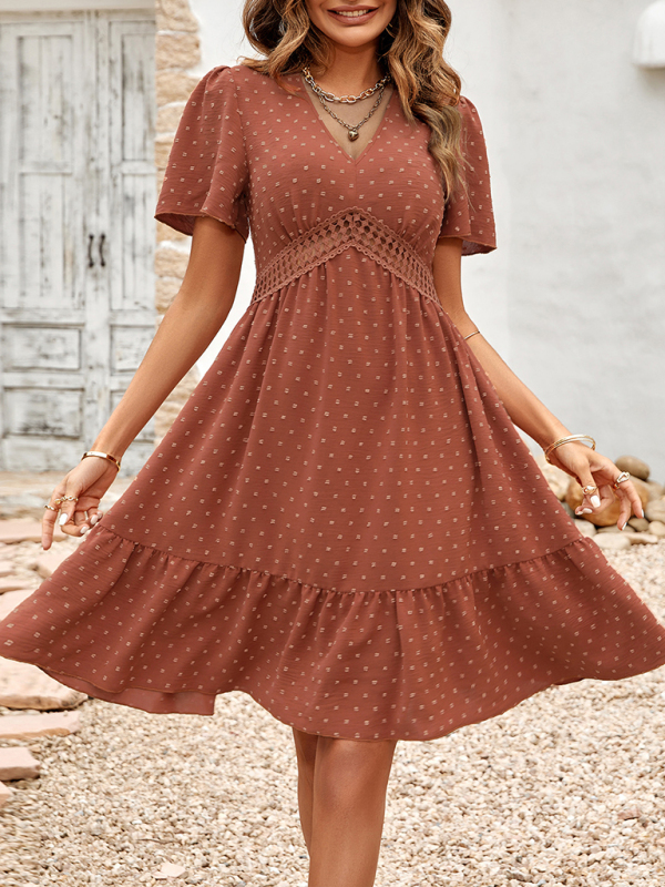 Women's Lace Stitching V-neck Solid Color Ruffle Sleeve Dress - Image 2
