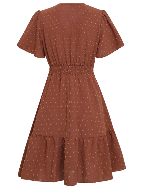 Women's Lace Stitching V-neck Solid Color Ruffle Sleeve Dress - Image 9