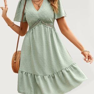Women's Lace Stitching V-neck Solid Color Ruffle Sleeve Dress