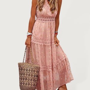 Women's Deep V Sleeveless Lace-Panel Chiffon Midi Dress