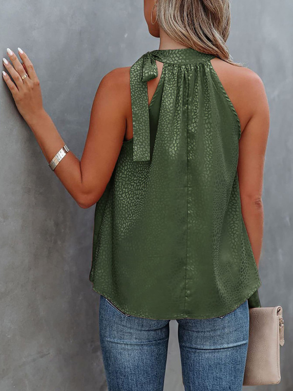 Women's Woven Halter Neck Bow Leopard Print Sleeveless Tank Top - Image 11