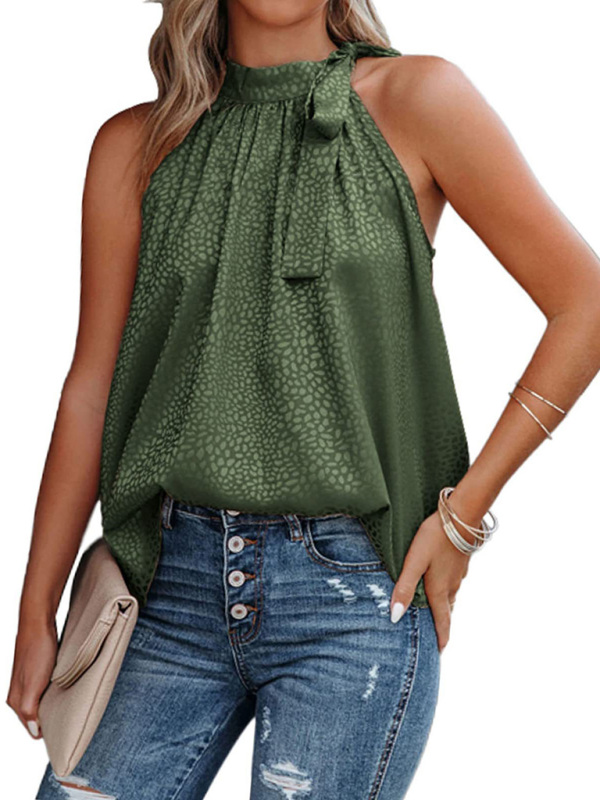 Women's Woven Halter Neck Bow Leopard Print Sleeveless Tank Top - Image 12