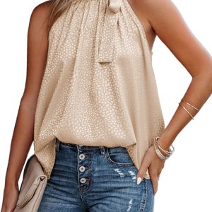 Women's Woven Halter Neck Bow Leopard Print Sleeveless Tank Top