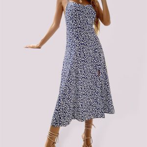 New floral suspender dress slim fit slit print dress