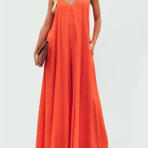 New cross-border solid color side pocket casual jumpsuit