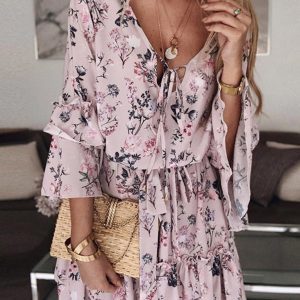Women's pink chiffon pullover slimming floral mid-waist dress