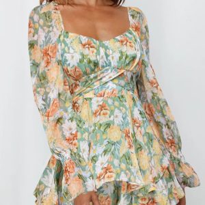 Women's fashion sexy one-neck lantern lotus leaf long-sleeved printed jumpsuit