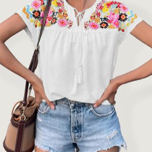 Embroidered tassel tie collar batwing sleeve shirt women