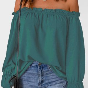 One-neck chiffon shirt solid color pullover sexy off-the-shoulder top