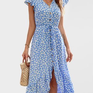Women's New Fashion Irregular Printed Dress Mid Length