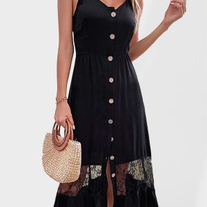 Fashion women's new strapless sleeveless black lace stitching dress