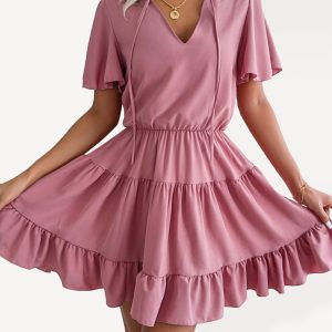 Women's Solid Color Lotus Leaf Swing A-Line Dress