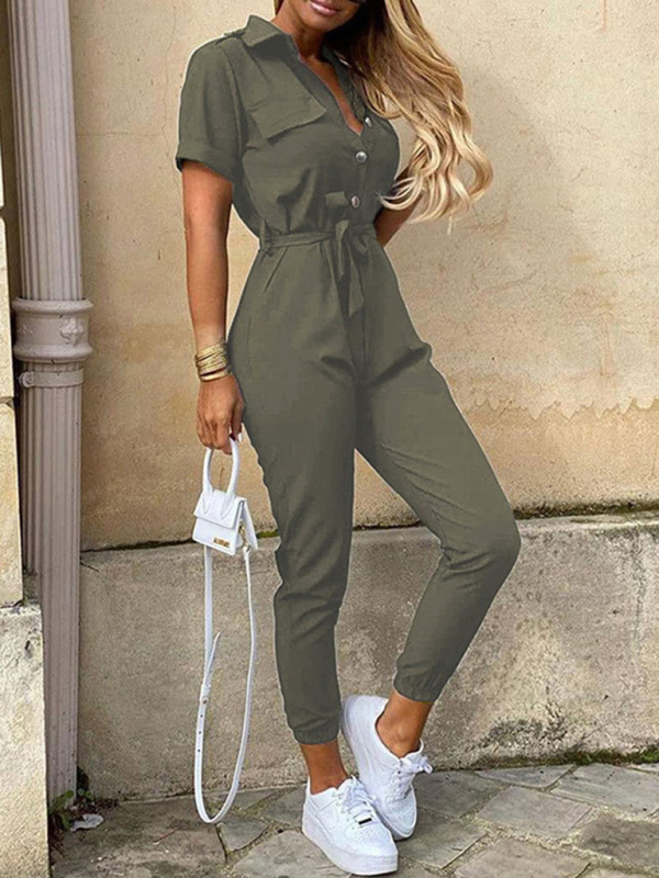 Women's Casual Lapel Buttoned Belt Cargo Jumpsuit - Image 3