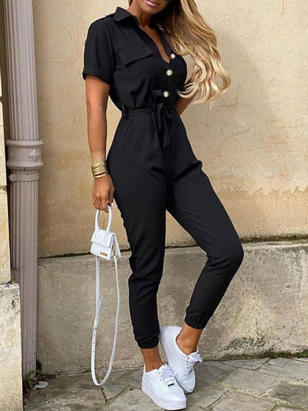 Women's Casual Lapel Buttoned Belt Cargo Jumpsuit - Image 9